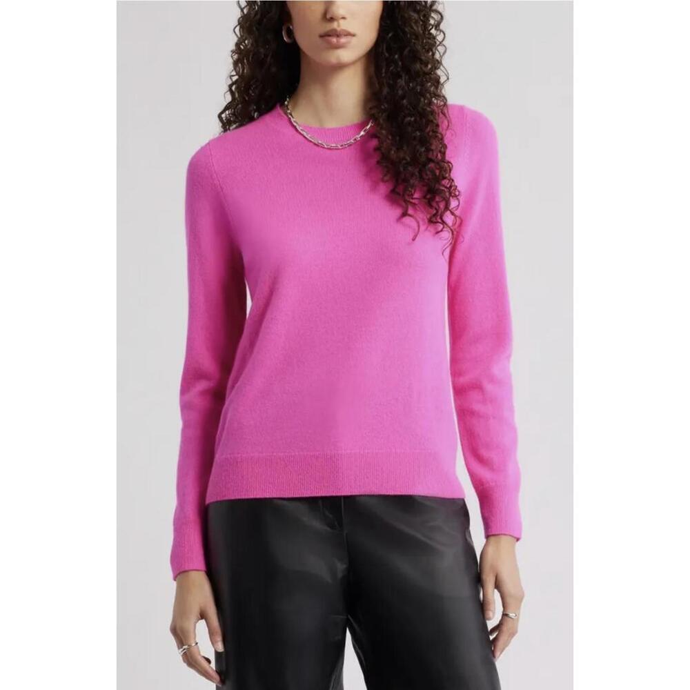 Reformation Cashmere Crewneck Pullover Sweater in Bright Pink, Medium